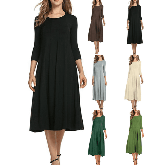 FEIIBMOYRIA Women Casual Dresses Women's Round Neck Solid Color Soft Cotton Midi Dresses Loose High Waist A‑Line Office Commute Daily Outwear Long Sleeve Dresses
