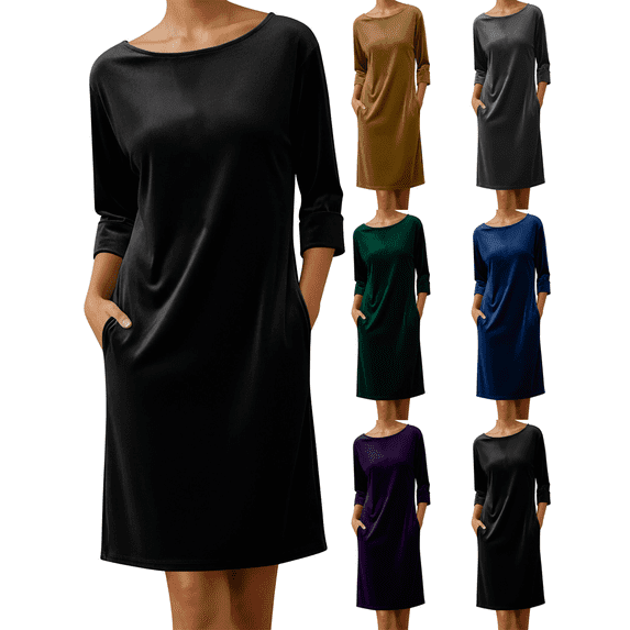 FEIIBMOYRIA Women Dresses Women's Round Neck Velvet Shift Long Sleeve Dresses Casual Solid Color Knee Length Loose Tunic Dresses for Daily Lounge Wear
