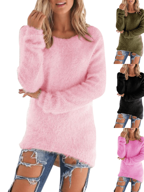 Women Long Sleeve Tops Women's Fuzzy Fleece Solid Color Crew Neck Sweaters Loose Soft Comfy Warm Tunic Casual Daily Weekend Holiday Layer Pullovers