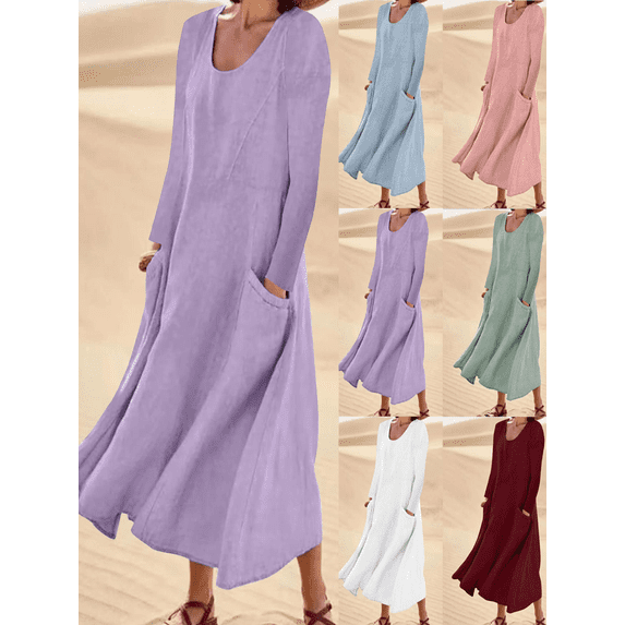 FEIIBMOYRIA Women Maxi Dresses Women's Loose Cotton Linen U‑Neck Long Sleeve Dresses with Patch Pockets High Waist Flowy A‑Line Casual Resort Daily Wear Dresses