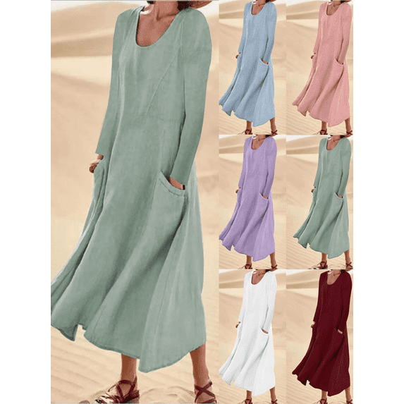 FEIIBMOYRIA Women Maxi Dresses Women's Loose Cotton Linen U‑Neck Long Sleeve Dresses with Patch Pockets High Waist Flowy A‑Line Casual Resort Daily Wear Dresses