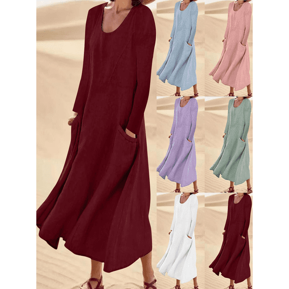 FEIIBMOYRIA Women Maxi Dresses Women's Loose Cotton Linen U‑Neck Long Sleeve Dresses with Patch Pockets High Waist Flowy A‑Line Casual Resort Daily Wear Dresses