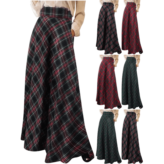 FEIIBMOYRIA Women Maxi Skirts Women's Casual Plaid High Waist Long Classic Trendy Flowy A-Line Skirts for Daily Office Wear