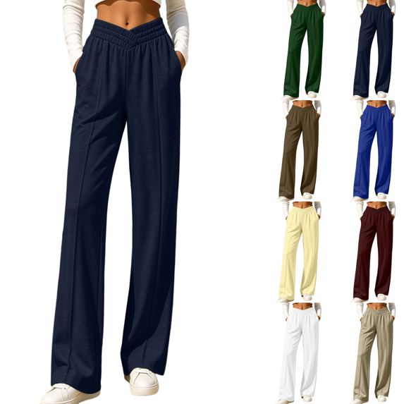 FEIIBMOYRIA Women Straight Pants Fashion Soft V-Shaped Ruched Elastic Waist Wide Leg Pants Casual Athletic Comfortable Streetwear Solid Color Long Sweat Pants with Side Pockets