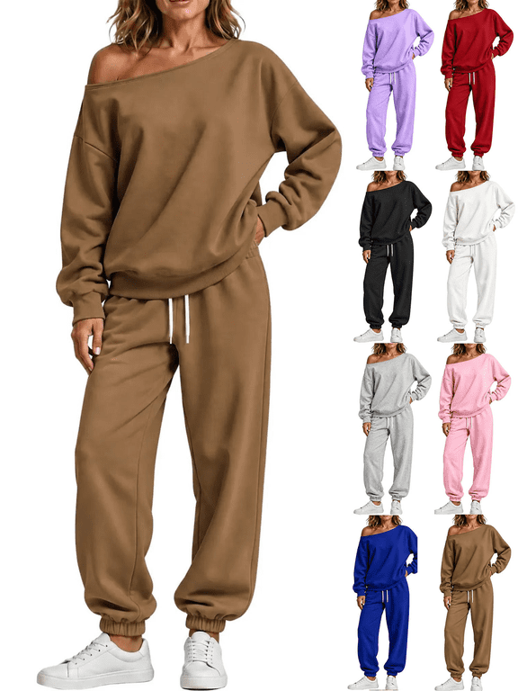 Women Two Piece Sweatsuits Women's Off Shoulder Long Sleeve Top and Drawstring Jogger Pant Daily Lounge Sports Sets