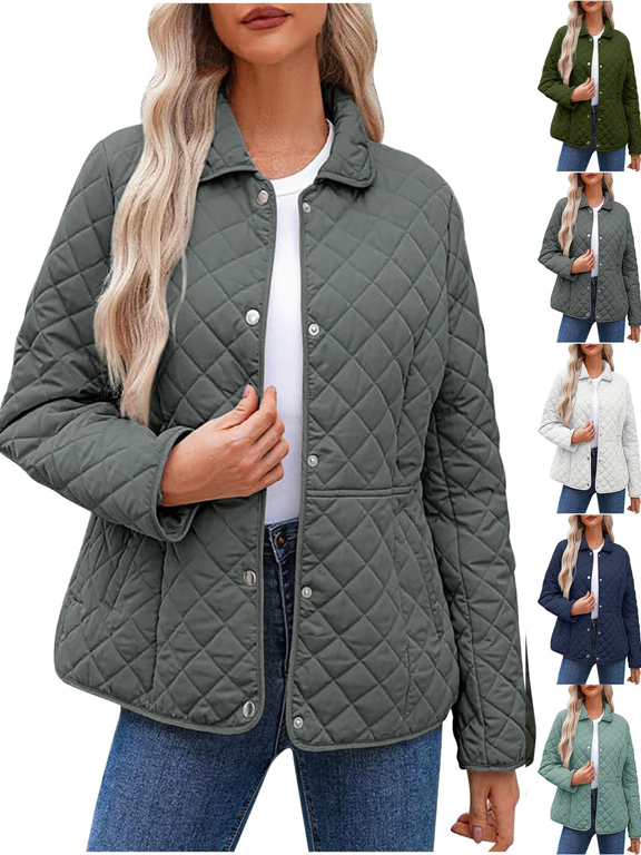 Women's Jackets Women Quilted Shirt Collar Snap Button Side Pockets Long Sleeve Jackets Solid Color Loose Casual Daily Outing Office Commute Outerwear