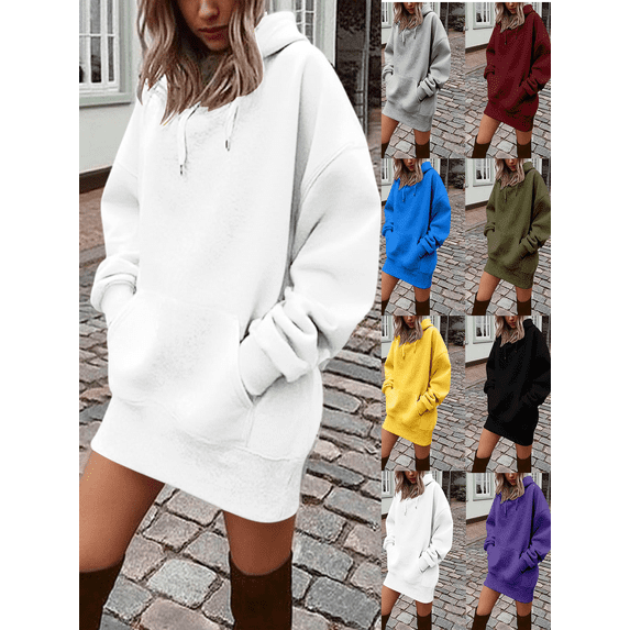 FEIIBMOYRIA Women's Mini Dresses Women Oversized Drawstring Hoodie Long Sleeve Sweat Dresses Kangaroo Pocket Loose Soft Casual Daily Street Wear Short Dresses