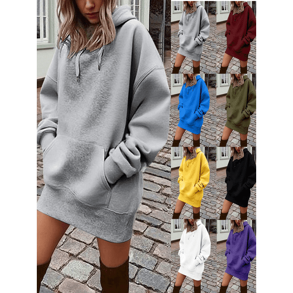 FEIIBMOYRIA Women's Mini Dresses Women Oversized Drawstring Hoodie Long Sleeve Sweat Dresses Kangaroo Pocket Loose Soft Casual Daily Street Wear Short Dresses