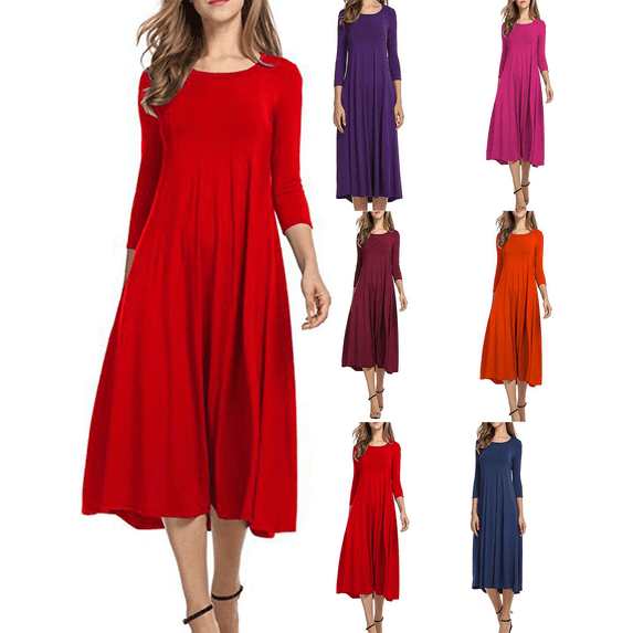 FEIIBMOYRIA Women's Round Neck Dresses Women Solid Color Soft Cotton Long Sleeve Midi Dresses Casual Loose High Waist A‑Line Holiday Daily Office Commute Outwear Dresses
