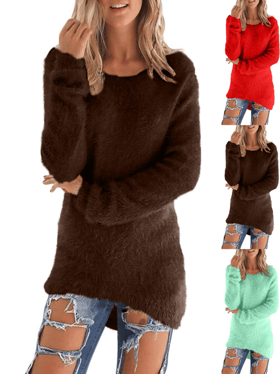 Women's Sweaters Women Round Neck Soft Fluffy Single‑Sided Fleece Long Sleeve Pullovers Casual Solid Color Comfy Warm Tunic Daily Street Holiday Layer Tops