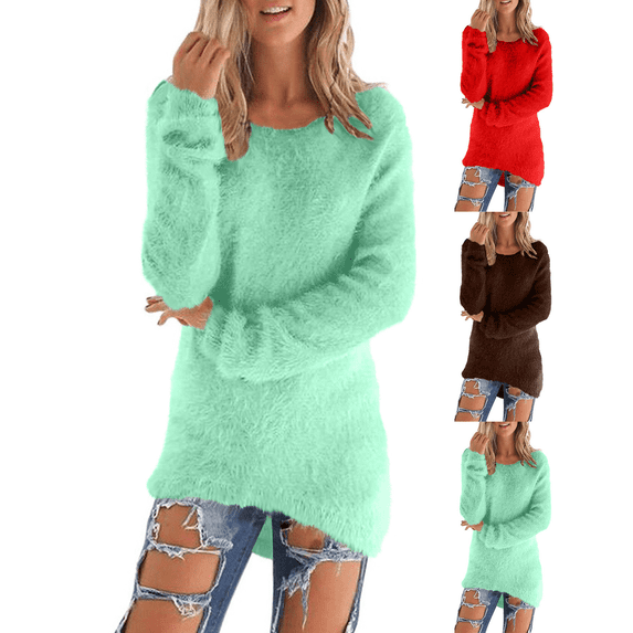 FEIIBMOYRIA Women's Sweaters Women Round Neck Soft Fluffy Single‑Sided Fleece Long Sleeve Pullovers Casual Solid Color Comfy Warm Tunic Daily Street Holiday Layer Tops