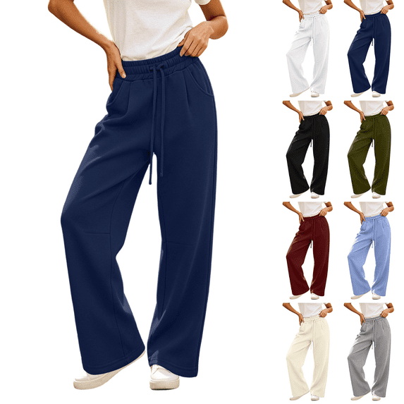 FEIIBMOYRIA Women's Sweatpants Women Comfy Loose High Waist Elastic Drawstring Solid Color Wide Leg Pants Casual Soft Straight Streetwear Daily Lounge Straight Long Pants with Pockets