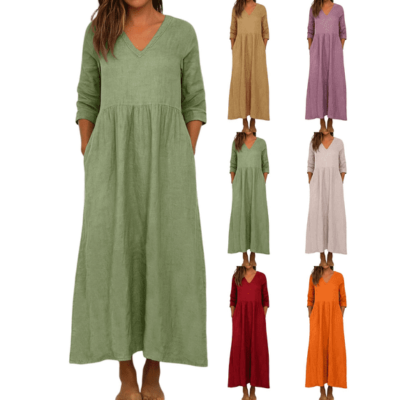 FEIIBMOYRIA Women's V-Neck Dresses Women Loose Cotton Linen Long Sleeve Maxi Dresses Casual High Waist Flowy A‑Line Ankle Length Daily Resort Wear Dresses