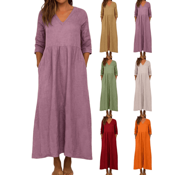FEIIBMOYRIA Women's V-Neck Dresses Women Loose Cotton Linen Long Sleeve Maxi Dresses Casual High Waist Flowy A‑Line Ankle Length Daily Resort Wear Dresses