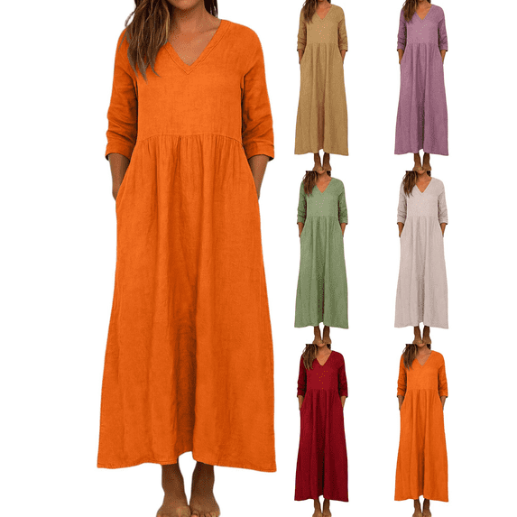 FEIIBMOYRIA Women's V-Neck Dresses Women Loose Cotton Linen Long Sleeve Maxi Dresses Casual High Waist Flowy A‑Line Ankle Length Daily Resort Wear Dresses