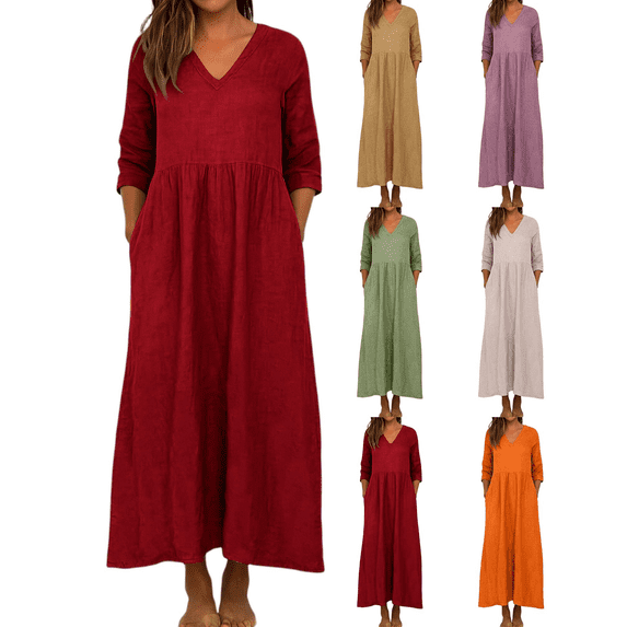 FEIIBMOYRIA Women's V-Neck Dresses Women Loose Cotton Linen Long Sleeve Maxi Dresses Casual High Waist Flowy A‑Line Ankle Length Daily Resort Wear Dresses