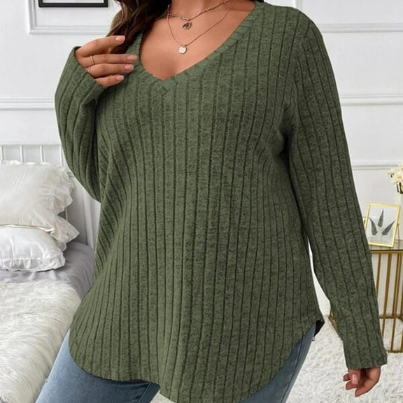 FEIIBMOYRIA Women's Plus Size Kint Tops Loose Fit Deep V-Neck Vertical Ribbed Long Sleeve Sweaters Curved Hem Soft Stretch Comfortable Casual Fall Daily Blouses
