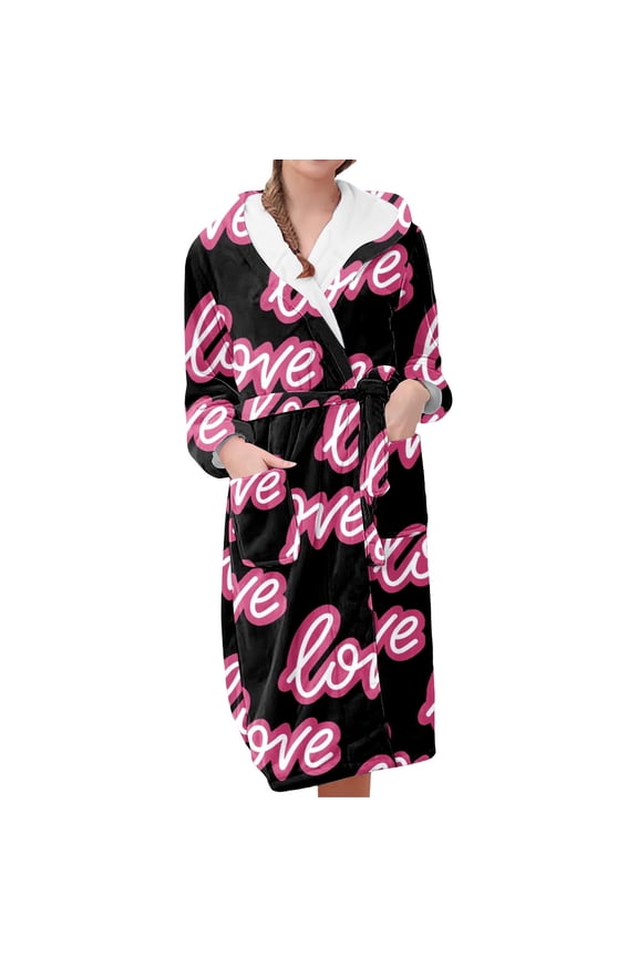 Hooded Plush Fleece Bathrobe Women's Robe Long Warm Loungewear Jacket Printed Comfort Robes for Women Valentine's Day