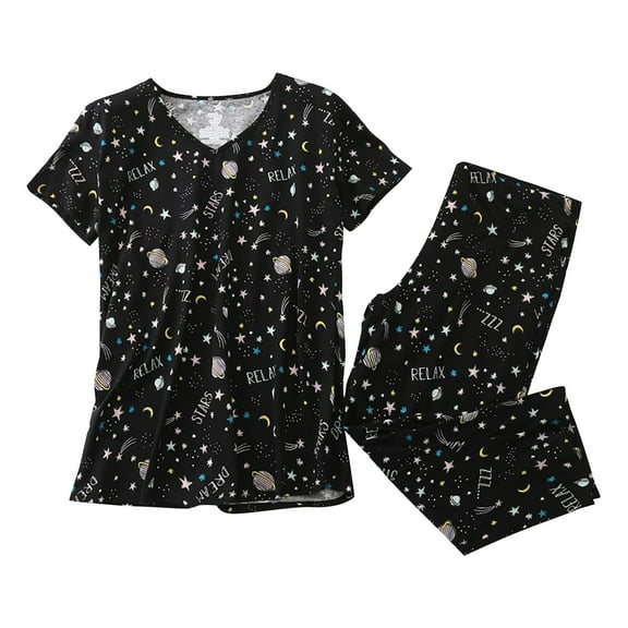 FEIJIBA Lightweight Summer Pajamas Women's Cotton Pajama Set Cute 2 Piece Comfy V Neck Short Sleeve Shirt Capri Sleepwear Women's Sleepwear Black