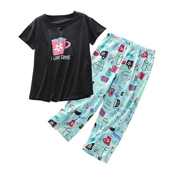FEIJIBA Lightweight Summer Pajamas Women's Cotton Pajama Set Cute 2 Piece Comfy V Neck Short Sleeve Shirt Capri Sleepwear Women's Sleepwear Blue