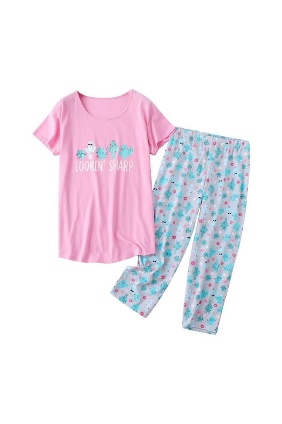 Lightweight Summer Pajamas Women's Cotton Pajama Set Cute 2 Piece Comfy V Neck Short Sleeve Shirt Capri Sleepwear Women's Sleepwear Pink