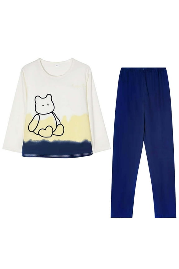 Pajamas for Women Set Autumn/Winter Round Neck Cute Printed Loose Home Casual Pajama Sleeper Women's Sleepwear Dark Blue