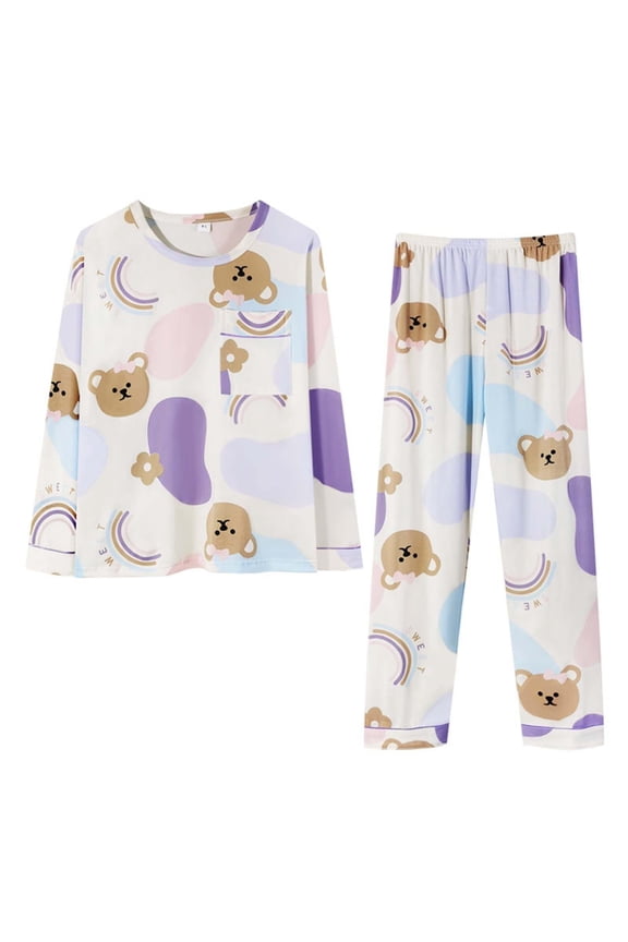 Pajamas for Women Set Autumn/Winter Round Neck Cute Printed Loose Home Casual Pajama Sleeper Women's Sleepwear Purple