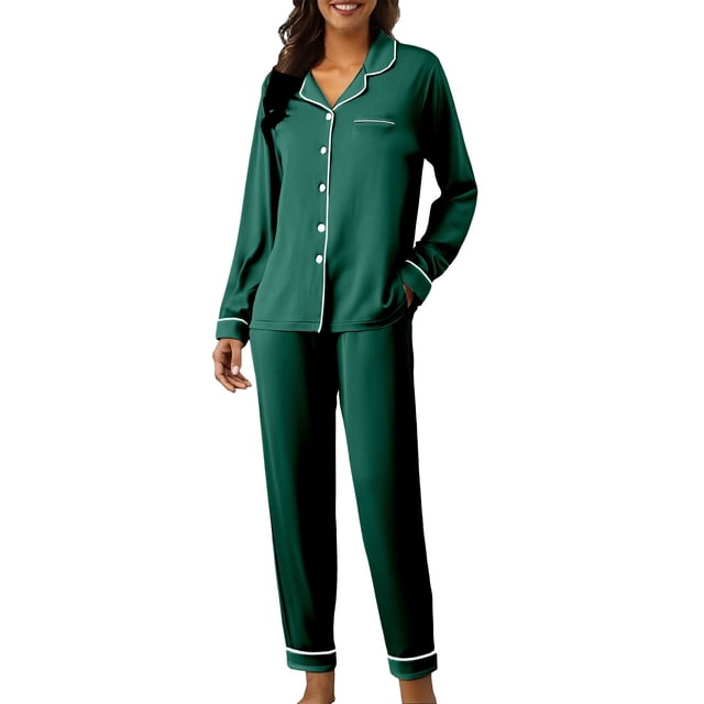 FEIJIBA Pajamas for Women Set Cute Pajama Sets Long Sleeve Sleepwear Button Loungewear Soft 2 Piece With Pants Women's Sleepwear Blackish Green