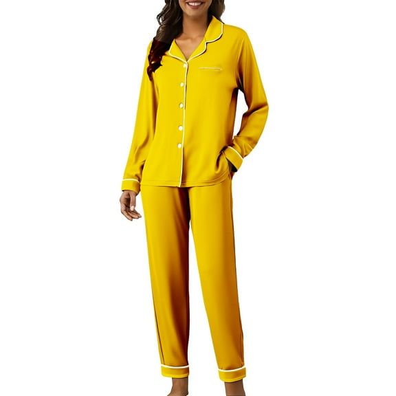 FEIJIBA Pajamas for Women Set Cute Pajama Sets Long Sleeve Sleepwear Button Loungewear Soft 2 Piece With Pants Women's Sleepwear Yellow