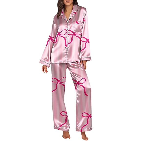 FEIJIBA Womens Pajama Sets Satin Valentines Pajamas For Women Cute Matching Xmas Holiday 2Pcs Outfits Ladies Loungewear Sets Valentine's Day
