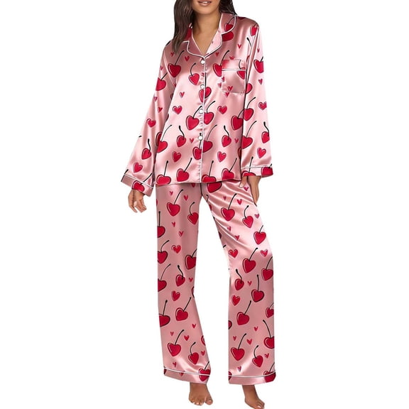 FEIJIBA Womens Pajama Sets Women Bow Pajamas Satin Set 2 Piece Button Down Shirts Wide Leg Pants Cute Ladies Loungewear Sets Valentine's Day