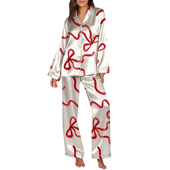FEIJIBA Womens Pajama Sets Women Bow Pajamas Satin Set 2 Piece Button Down Shirts Wide Leg Pants Cute Ladies Loungewear Sets Valentine's Day