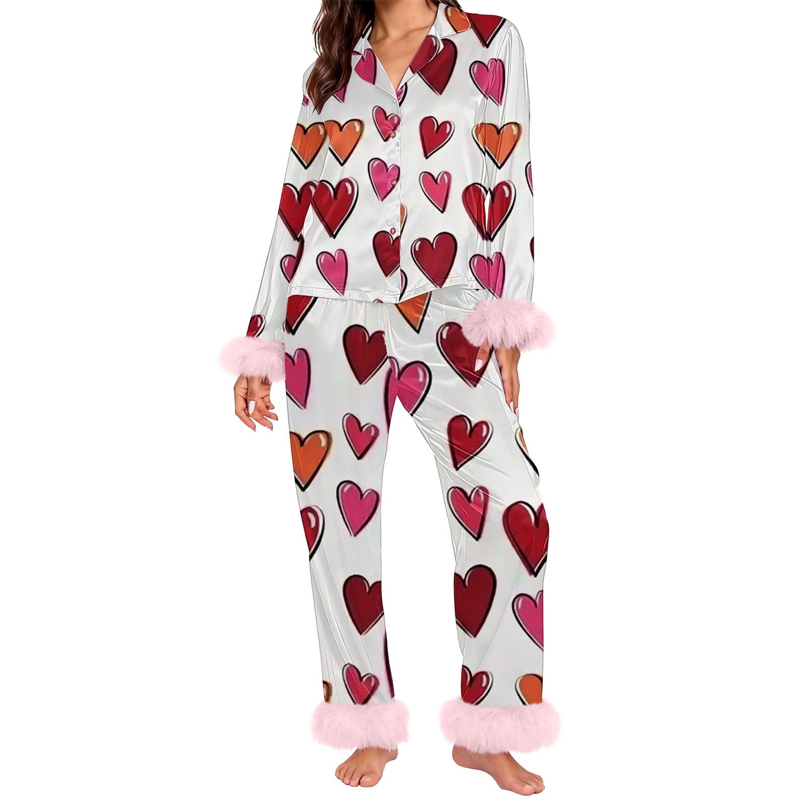 Women’s Lightweight Relaxed-Fit Pajama Set with Heart Print