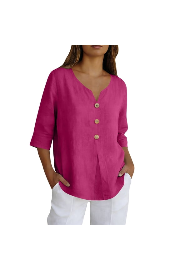 Workout Shirts Women Button Up Shirt Casual Loose Top New Border Solid Color Cotton And Linen Three Quarter Sleeves Women's Clothing Hot Pink
