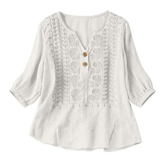 FEIJIBA Workout Shirts Women Fashionable Casual Solid Color Pleated Cotton And Linen Top With Seven Quarter Sleeves Women's Clothing White