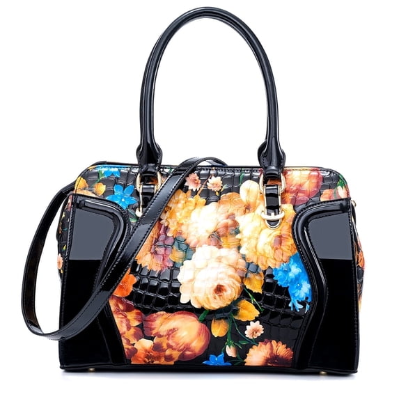 FEIMINA Genuine Leather Handbags,Tote Bag for Women, Large Capacity Crossbody Bag, Floral Purses for Women(White Rose)