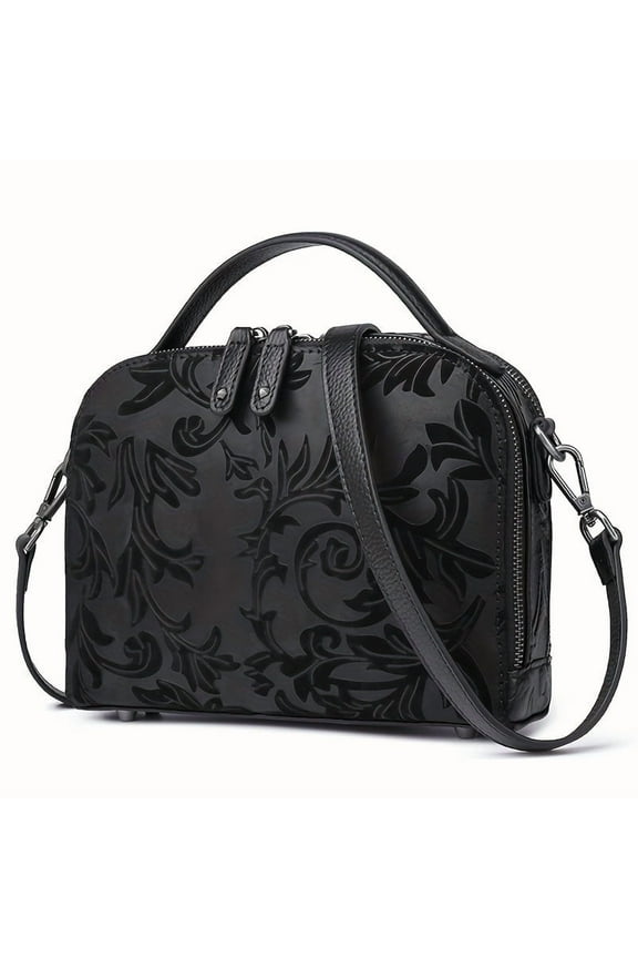 Genuine Leather Messenger Crossbody Bags For Women ,Luxury Designer Handbags,Embossed Floral Pattern Sling Satchel Shoulder Bag (Black)