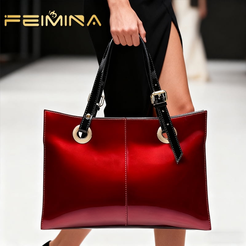 Feimina Patent Leather Shoulder Bag For Women,Genuine Shiny Large Leather Bag,Designer Luxury Handbags Women ,Wine Red Tote Purse, Large Capacity