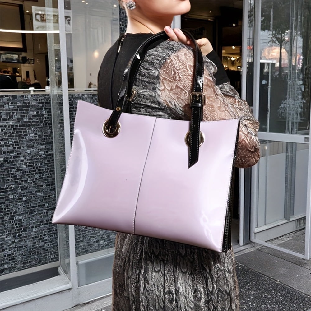 FEIMINA Patent Leather Shoulder Bag For Women,Designer Handbags Luxury Women,Genuine Shiny,Large Leather Bag, Large Capacity Purse Tote Bag,Light Purple Purse