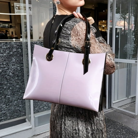 FEIMINA Patent Leather Shoulder Bag For Women,Designer Handbags Luxury Women,Genuine Shiny,Large Leather Bag, Large Capacity Purse Tote Bag,Light Purple Purse