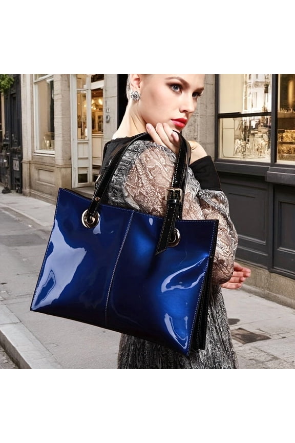 Patent Leather Shoulder Bag For Women, Luxury Designer Handbags Women,Genuine Shiny Large Leather Bag, Retro Dark Blue tote bag Purse