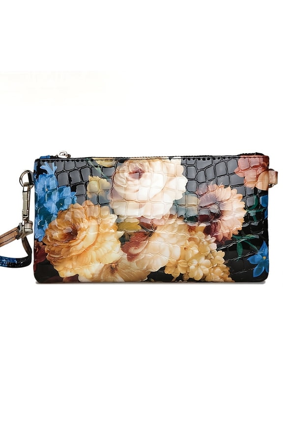 Women Leather Wristlet, Small Crossbody, Envelope Clutch Handbag, Crocodile Embossed Personalized Zipper, Evening Mini Shoulder Bag (White Rose)