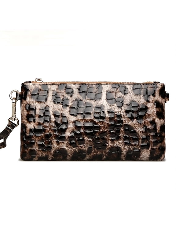Womens Leather Wristlet, Small Crossbody, Envelope Clutch Handbag, Crocodile Embossed Personalized Zipper, Evening Mini Shoulder Bag (Leopard Print)