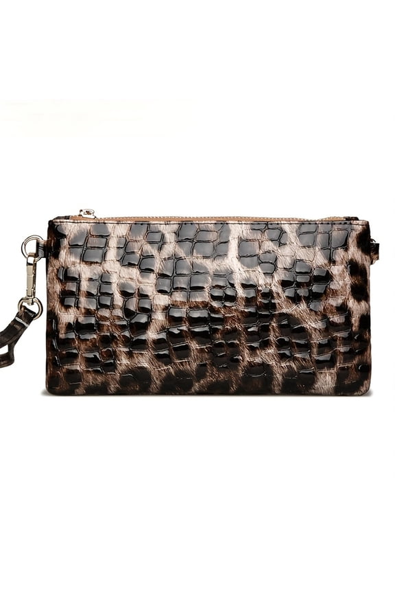 Womens Leather Wristlet, Small Crossbody, Envelope Clutch Handbag, Crocodile Embossed Personalized Zipper, Evening Mini Shoulder Bag (Leopard Print)