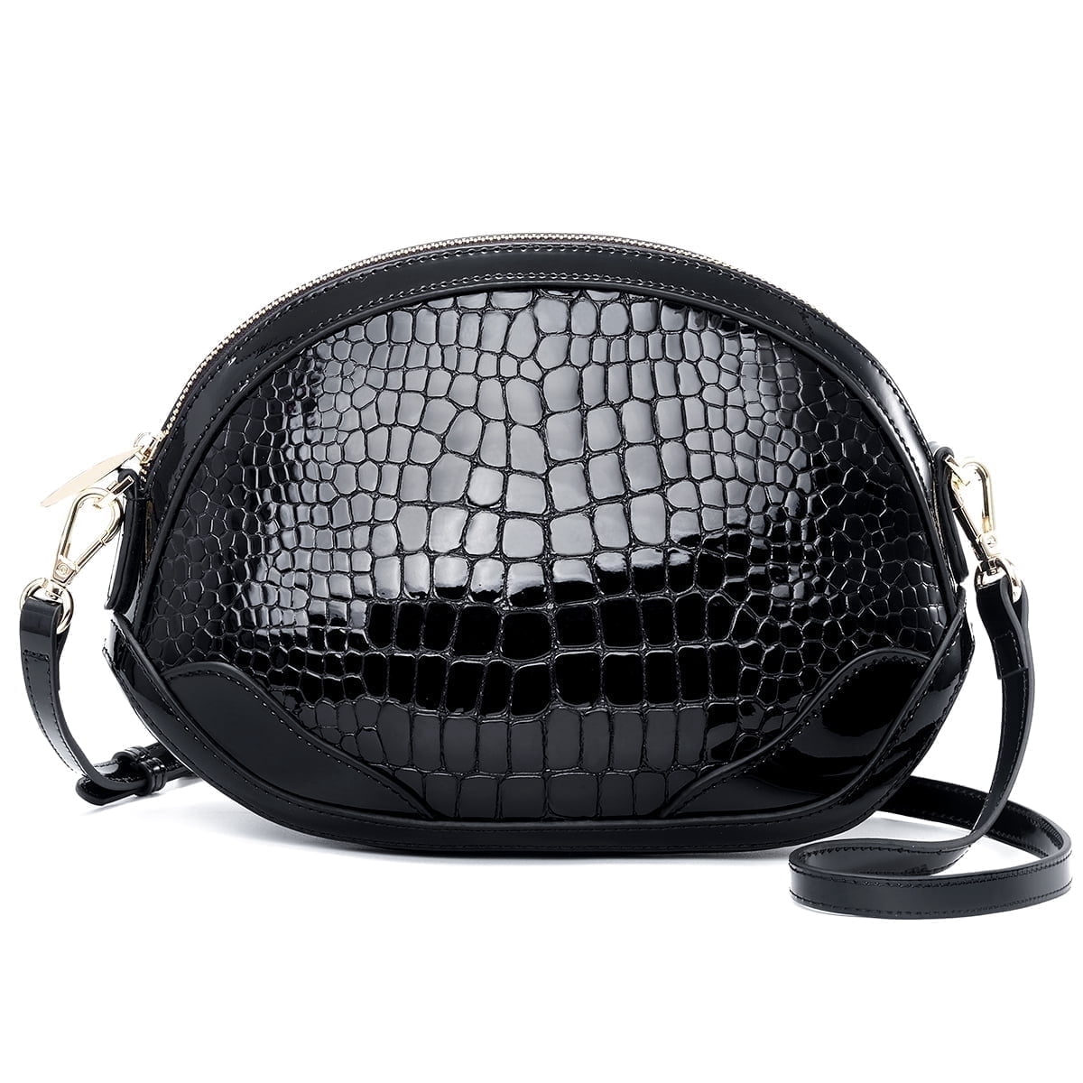 FEIMINA Genuine Leather Crossbody Bag, Womens Black Tote Bag/Purse Lots Of Pockets, Crocodile Shoulder Bag, Designer Purses,  Lightweight Dome Tote (Black)