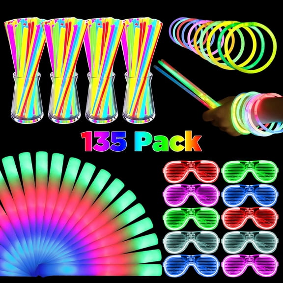 FEINYTAA 135pcs Glow Sticks Party Favors, Glow in The Dark Party Supplies, Foam Glow Sticks Bulk Party Pack with LED Light up Glasses
