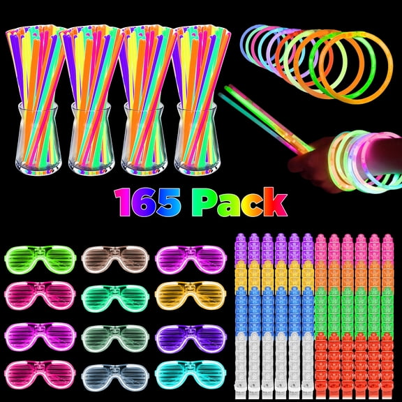 FEINYTAA 165pcs Glow Sticks Party Favors, Glow In The Dark Party Supplies with Finger Lights & Light Up LED Glasses