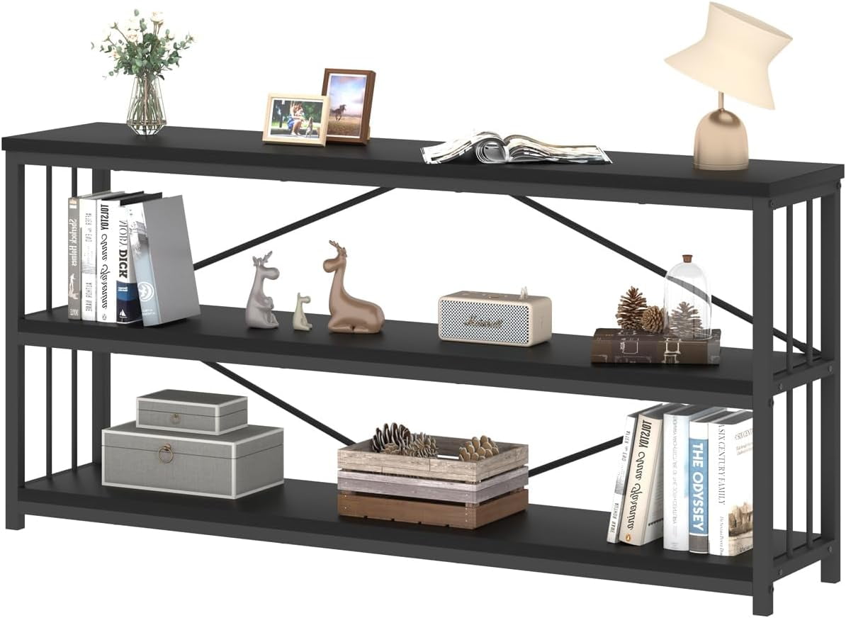 FEIRO 63" Black Low Horizontal Bookcase, Modern Long Wood Metal 3 Tier