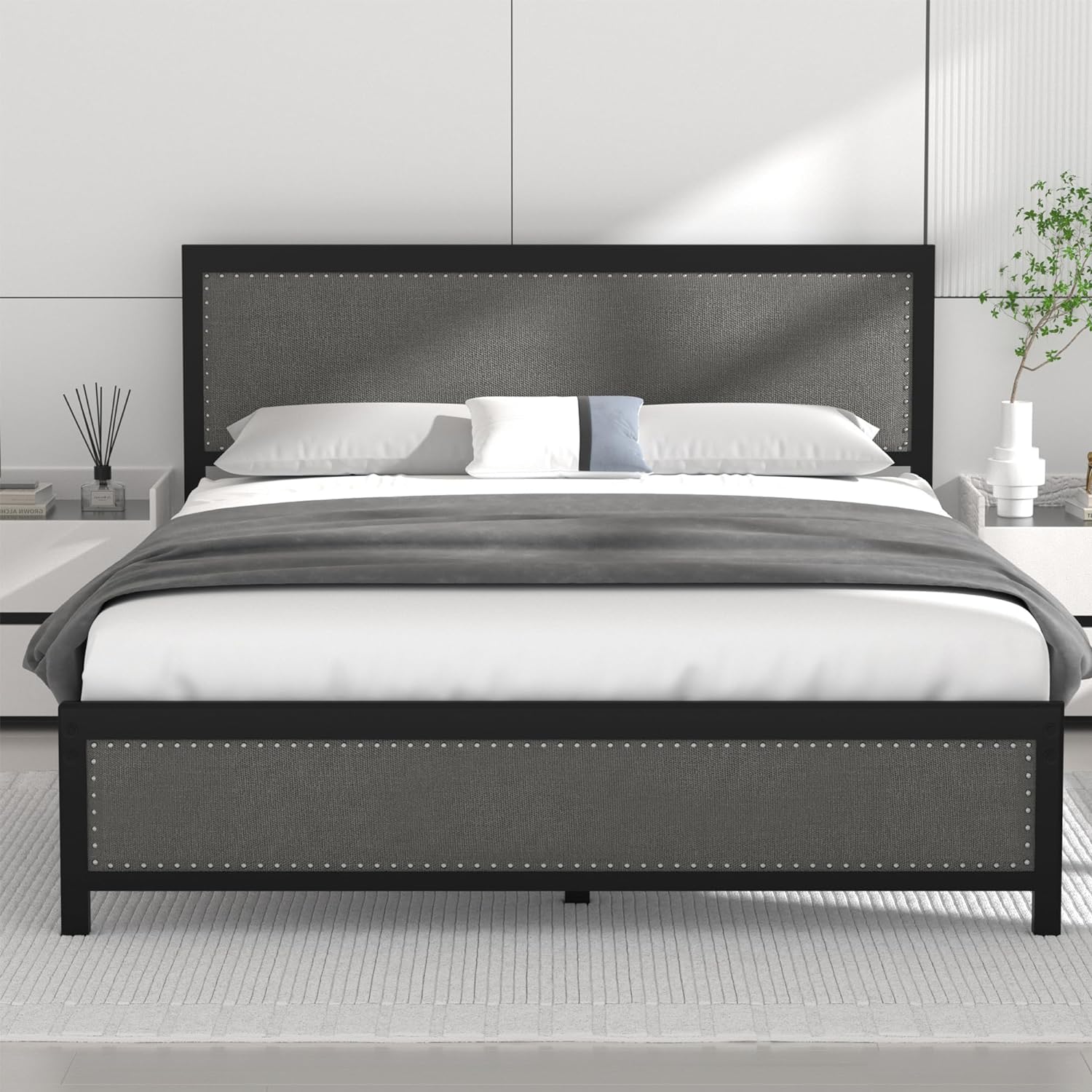 FEIRO Full Bed Frame with Upholstered Linen Headboard and Footboard