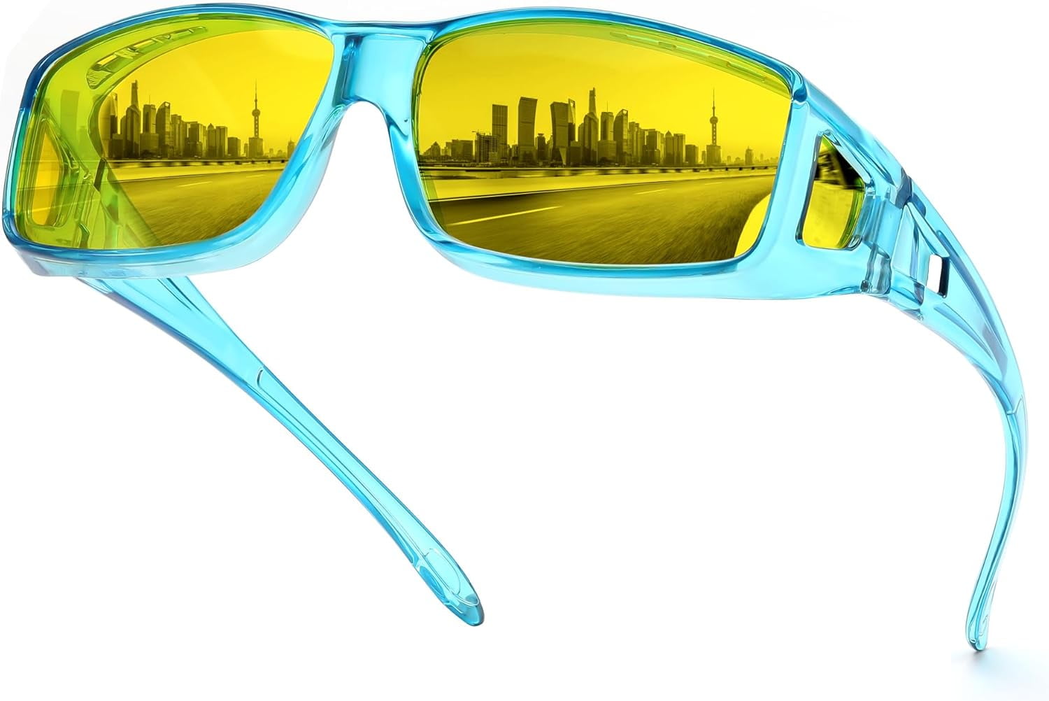 FEISEDY Men Women Night Driving Glasses Fit over Glasses Anti-Glare Polarized Wrap Yellow Sunglasses Over Glasses B2593